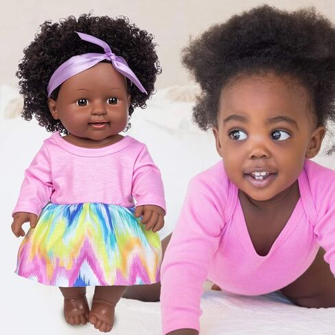 ZQDOLL 11.8 Inch Black Baby Girl Doll and Clothes Set African American Realistic Soft Silicone Washable Dark Skin Baby Doll with Cute Curly Hair and Rainbow Color Dress-Best Gift for Kids Girls in Kuwait