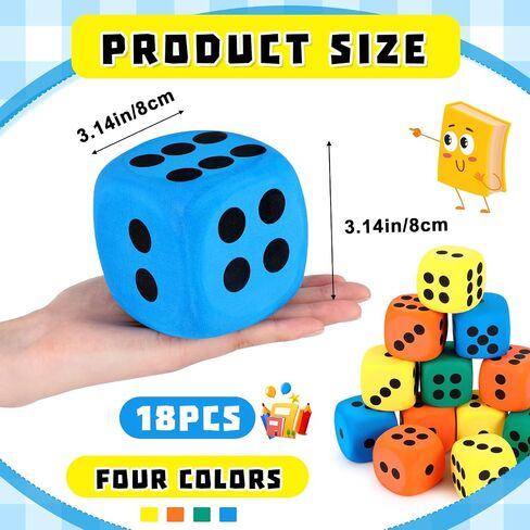 Meooeck 18 Pcs 3.15'' Large Eva Foam Dice Assorted Colors Soft Dot Dice Foam Yard Dice Cubes with Number Dots and Storage Bag for Building, Educational Toys, Math Teaching, Party Favors and Supplies in Saudi Arabia