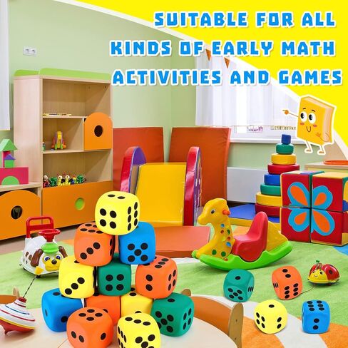 Meooeck 18 Pcs 3.15'' Large Eva Foam Dice Assorted Colors Soft Dot Dice Foam Yard Dice Cubes with Number Dots and Storage Bag for Building, Educational Toys, Math Teaching, Party Favors and Supplies in Saudi Arabia