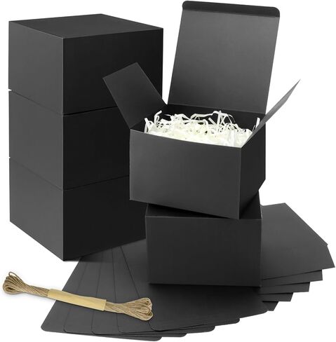 اي ساسر 25 صندوق هدايا اسود 6 × 6 × 4 انش، صناديق هدايا متينة مع اغطية، صندوق اقتراح وصيفة العروس، صندوق هدايا من الورق المقوى للهدايا، صناديق حرفية مع خيط بطول 33 قدم للكريسماس والهدايا والتغليف in Kuwait