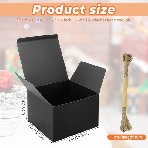 اي ساسر 25 صندوق هدايا اسود 6 × 6 × 4 انش، صناديق هدايا متينة مع اغطية، صندوق اقتراح وصيفة العروس، صندوق هدايا من الورق المقوى للهدايا، صناديق حرفية مع خيط بطول 33 قدم للكريسماس والهدايا والتغليف in Kuwait