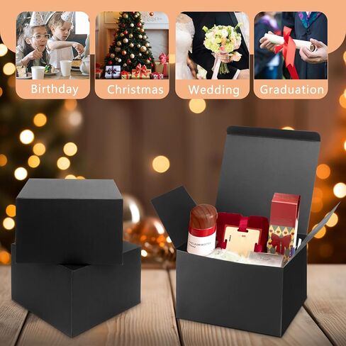 اي ساسر 25 صندوق هدايا اسود 6 × 6 × 4 انش، صناديق هدايا متينة مع اغطية، صندوق اقتراح وصيفة العروس، صندوق هدايا من الورق المقوى للهدايا، صناديق حرفية مع خيط بطول 33 قدم للكريسماس والهدايا والتغليف in Kuwait