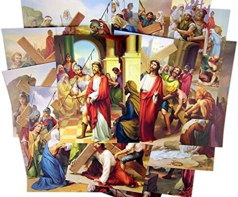 Catholic Religious Gifts Stations of The Cross Illustrated Cardstock 14 Picture Set, 8 Inch in Saudi Arabia