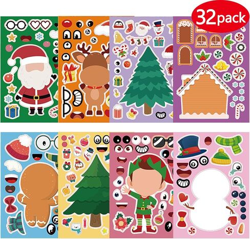 ملصقات عيد الميلاد للأطفال، 32 ورقة تصنع ملصقات للوجه بنفسك، اصنع حيوان الرنة رجل الثلج سانتا كلوز الخاص بك، ملصقات عيد الميلاد للأولاد والبنات هدايا ألعاب حفلات عيد الميلاد in Kuwait