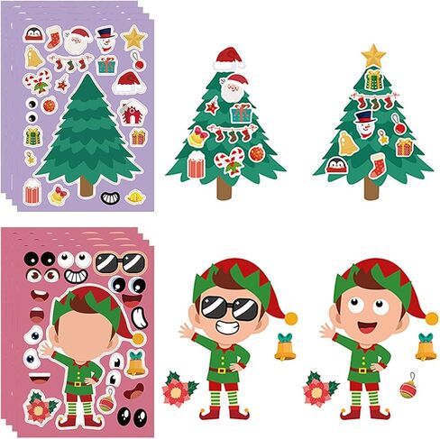 ملصقات عيد الميلاد للأطفال، 32 ورقة تصنع ملصقات للوجه بنفسك، اصنع حيوان الرنة رجل الثلج سانتا كلوز الخاص بك، ملصقات عيد الميلاد للأولاد والبنات هدايا ألعاب حفلات عيد الميلاد in Kuwait