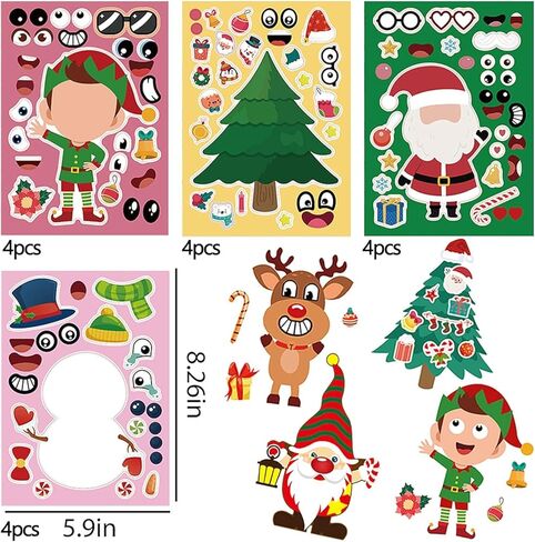 ملصقات عيد الميلاد للأطفال، 32 ورقة تصنع ملصقات للوجه بنفسك، اصنع حيوان الرنة رجل الثلج سانتا كلوز الخاص بك، ملصقات عيد الميلاد للأولاد والبنات هدايا ألعاب حفلات عيد الميلاد in Kuwait