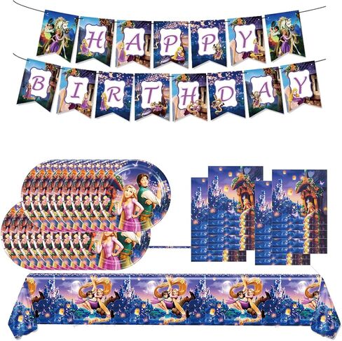 Rapunzel Party Birthday Supplies, Princess Tangled Party Tableware with Happy Birthday Banner, Tablecloth, Disposable Paper Plates with Napkins for Kids Party Supplies Decorations in Kuwait