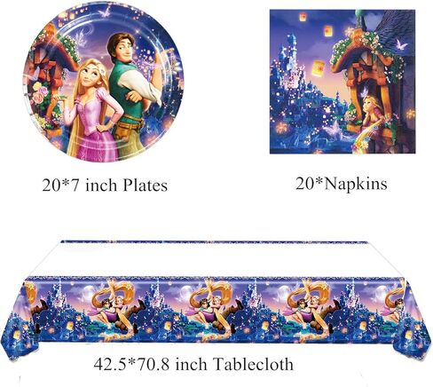 Rapunzel Party Birthday Supplies, Princess Tangled Party Tableware with Happy Birthday Banner, Tablecloth, Disposable Paper Plates with Napkins for Kids Party Supplies Decorations in Kuwait
