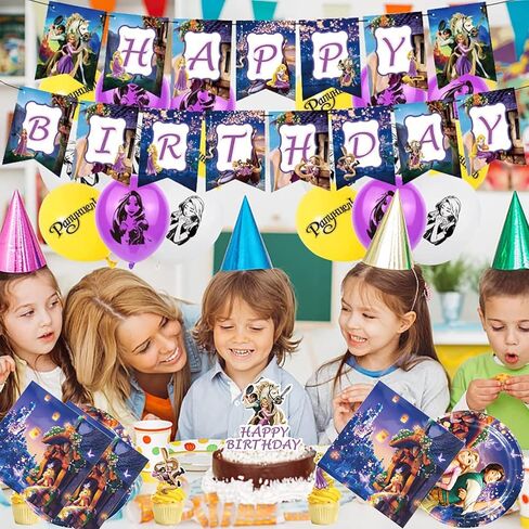 Rapunzel Party Birthday Supplies, Princess Tangled Party Tableware with Happy Birthday Banner, Tablecloth, Disposable Paper Plates with Napkins for Kids Party Supplies Decorations in Kuwait