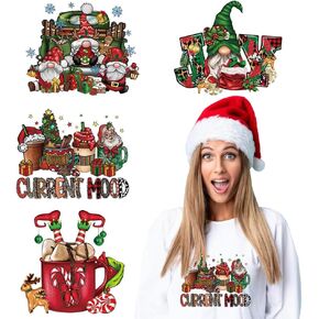 Christmas Iron on Transfer Decals Xmas Design Iron on Patches Heat Transfer Vinyl Decals Black Gold Santa Claus Dwarf Tree Pattern Merry Christmas Letter Applique for T-Shirt Hoodie DIY Craft Decor