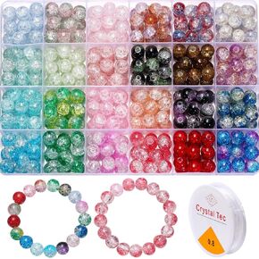 St.Kunkka 408 Pcs 10mm Crackle Glass Beads for Jewelry Making Crafts DIY, 24 Colors Crystal Beads Spacer Beads Loose Beads for DIY Bracelet Necklace Earrings (408Pcs 10mm Crackle Glass Beads)