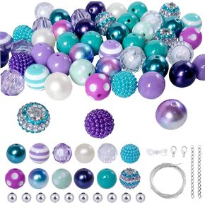 CREATZONE 50Pcs Chunky Bubblegum Beads 20mm Large Gumball Rhinestone Pearl Beads with 48pcs Tiny Round Spacers, Extender Chains, Beading Wire (Blue & Purple)