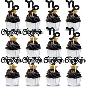 12Pcs Capricorn Cake Topper, Big Capricorn Energy/Capricorn Season, 12 Constellation November/January Birthday Cupcake Decoration, Horoscope Astrology Birthday Party Supplies, Black Glitter