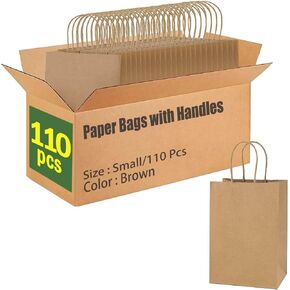 AlexHome 110 قطعة أكياس ورقية بنية بمقابض، 5.8 × 3.2 × 8.2 بوصة، حجم صغير، أكياس هدايا ورقية، أكياس ورق كرافت كبيرة للبقالة/أصحاب الأعمال/التسوق/الحفلات/الأشياء الجيدة/البيع بالتجزئة/الوجبات السريعة/عيد الميلاد/عيد الميلاد، بني، صغير 110 قطعة in Kuwait