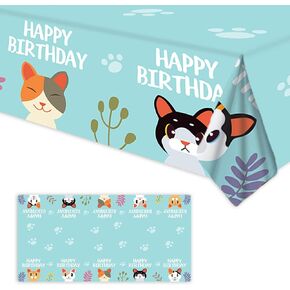 مفرش طاولة بلاستيك بتصميم عبارة Happy Birthday للقطط والحيوانات الاليفة لحفلات استقبال المولود للاولاد والبنات بلون ازرق لوازم حفلات اعياد الميلاد والنزهات والتخييم in Kuwait