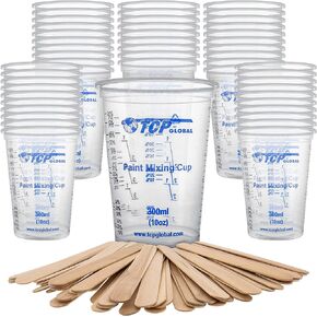 TCP Global 10 Ounce (300ml) Disposable Flexible Clear Graduated Plastic Mixing Cups - Box of 100 Cups & 50 Mixing Sticks - Use for Paint, Resin, Epoxy, Art, Kitchen - Measuring Ratios 2-1, 3-1, 4-1 ML