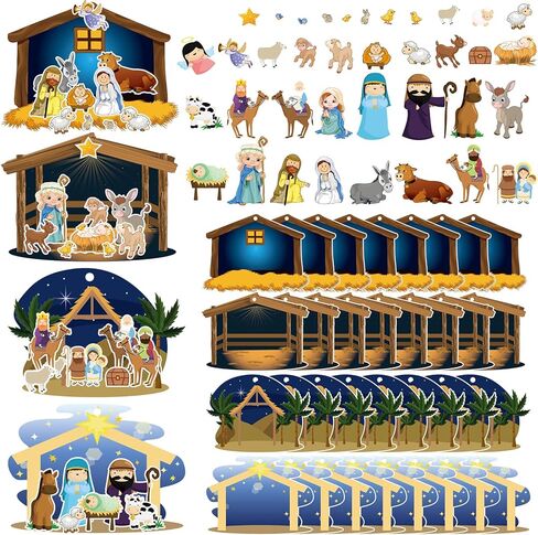 Glenmal 32 Sheets Make a Nativity Scene Sticker Cardboard Ornament Craft Kit Christmas Nativity Stickers with Nativity Scene Cardboard and Rope Funny Christmas Crafts for Religious Party Favor in Kuwait