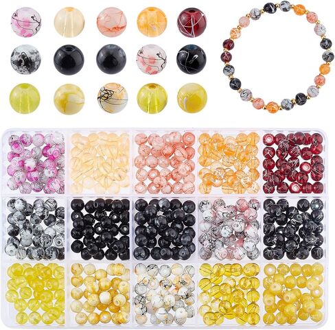 PH PandaHall 450pcs 8mm Blue Glass Beads, 15 Styles Sea Blue Crackle Glass Bead Round Loose Beads Spacers Craft Glass Beads for Summer Boho Hawaii Bracelets Necklaces Earring Crafts Jewelry Making in Kuwait