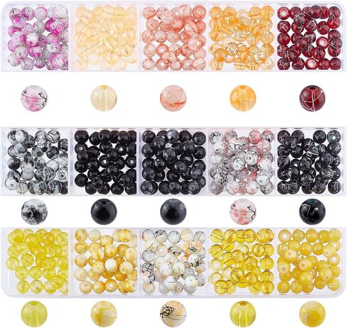 PH PandaHall 450pcs 8mm Blue Glass Beads, 15 Styles Sea Blue Crackle Glass Bead Round Loose Beads Spacers Craft Glass Beads for Summer Boho Hawaii Bracelets Necklaces Earring Crafts Jewelry Making in Kuwait