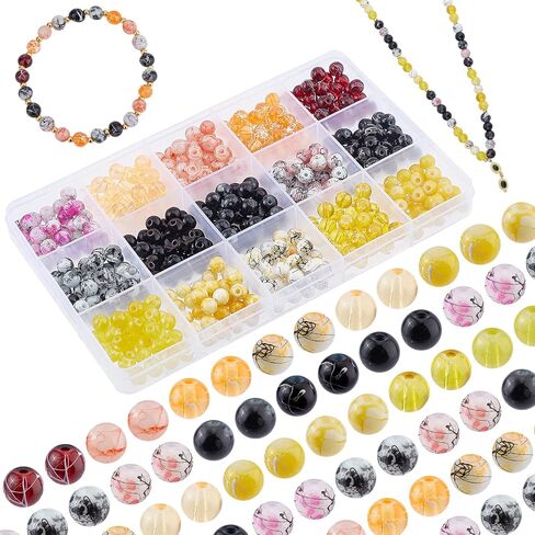 PH PandaHall 450pcs 8mm Blue Glass Beads, 15 Styles Sea Blue Crackle Glass Bead Round Loose Beads Spacers Craft Glass Beads for Summer Boho Hawaii Bracelets Necklaces Earring Crafts Jewelry Making in Kuwait