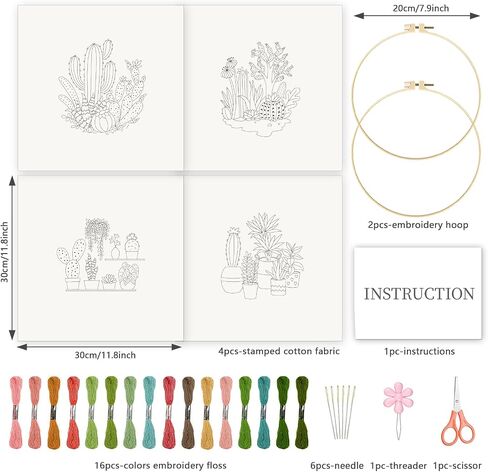 INFUNLY 4pcs Cactus Embroidery Kit Embroidery Starter Kits Cactus Cross Stitch Kits for Adults Stamped Embroidery Set with Patterns Embroidery Kit for Beginners Instruction Included in Kuwait