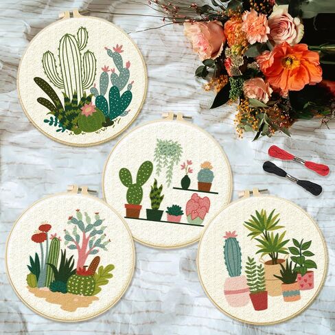INFUNLY 4pcs Cactus Embroidery Kit Embroidery Starter Kits Cactus Cross Stitch Kits for Adults Stamped Embroidery Set with Patterns Embroidery Kit for Beginners Instruction Included in Kuwait