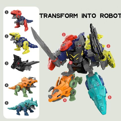Rockclo Dinosaur Transformers Robot 5 in 1 Take Apart Toys Set for Toddler boy Kid Age 3 4 5 6 7 8 Year Old Construction Building DIY with Drill Tool Kit Best Gift for Birthday Christmas Easter in Saudi Arabia
