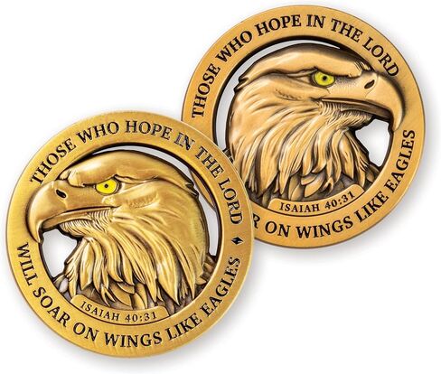 عملة تحدي النسر الأصلع الأمريكي، رمز جيب مسيحي عتيق مطلي بالذهب، لوازم دراسة الكتاب المقدس إشعياء 40:31 للرجال، والقلق الديني والعملات المعدنية للشرطة والمحاربين القدامى العسكريين in Kuwait