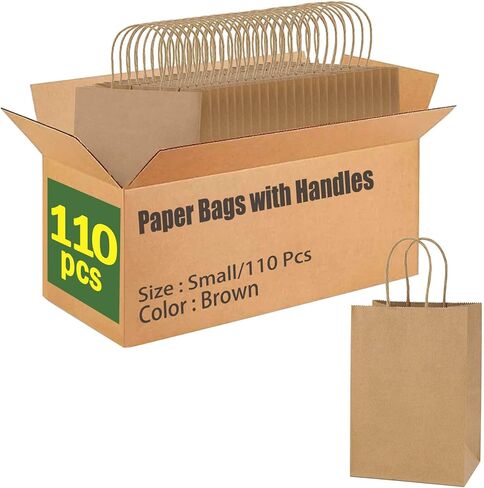 AlexHome 110 قطعة أكياس ورقية بنية بمقابض، 5.8 × 3.2 × 8.2 بوصة، حجم صغير، أكياس هدايا ورقية، أكياس ورق كرافت كبيرة للبقالة/أصحاب الأعمال/التسوق/الحفلات/الأشياء الجيدة/البيع بالتجزئة/الوجبات السريعة/عيد الميلاد/عيد الميلاد، بني، صغير 110 قطعة in Kuwait