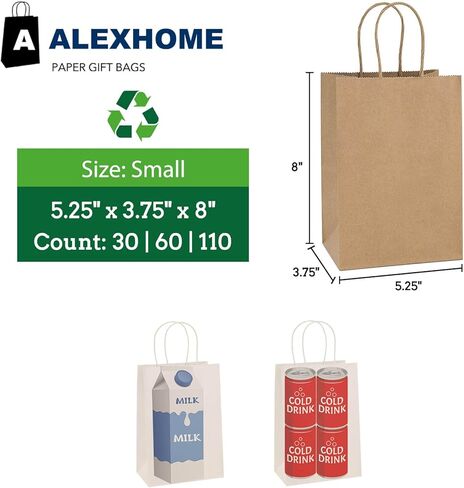 AlexHome 110 قطعة أكياس ورقية بنية بمقابض، 5.8 × 3.2 × 8.2 بوصة، حجم صغير، أكياس هدايا ورقية، أكياس ورق كرافت كبيرة للبقالة/أصحاب الأعمال/التسوق/الحفلات/الأشياء الجيدة/البيع بالتجزئة/الوجبات السريعة/عيد الميلاد/عيد الميلاد، بني، صغير 110 قطعة in Kuwait