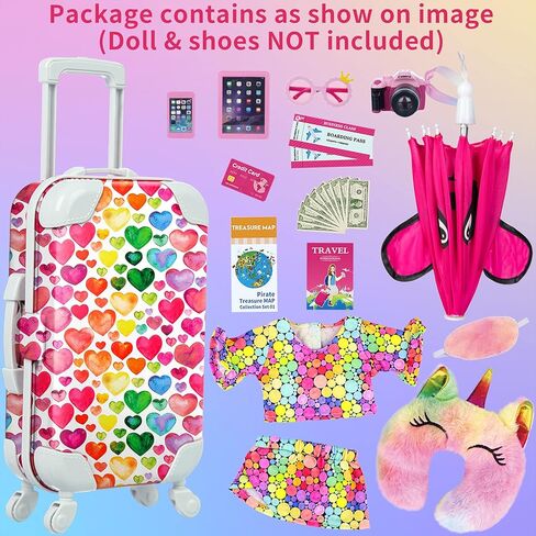 مجموعة لعب حقيبة سفر لدمية فتاة مقاس 18 بوصة من Ecore Fun 23 قطعة لدمية مقاس 18 بوصة، بما في ذلك حقيبة ملابس الدمى وحقيبة الظهر ووسادة الكاميرا ووسادة الرقبة للهاتف الخلوي ومجموعة السفر الأخرى in Kuwait
