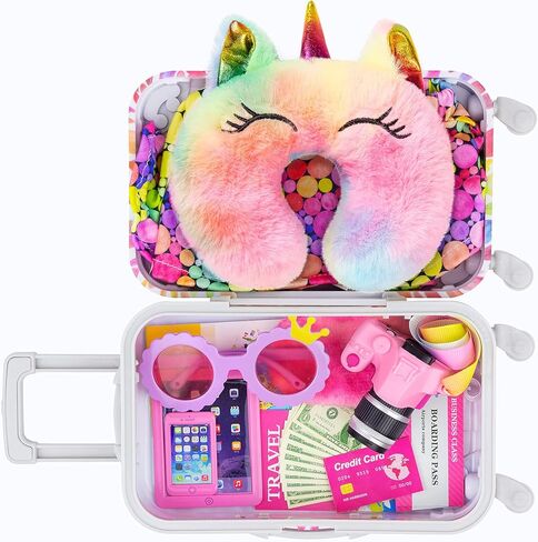 مجموعة لعب حقيبة سفر لدمية فتاة مقاس 18 بوصة من Ecore Fun 23 قطعة لدمية مقاس 18 بوصة، بما في ذلك حقيبة ملابس الدمى وحقيبة الظهر ووسادة الكاميرا ووسادة الرقبة للهاتف الخلوي ومجموعة السفر الأخرى in Kuwait