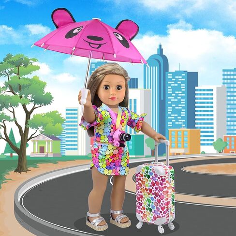 مجموعة لعب حقيبة سفر لدمية فتاة مقاس 18 بوصة من Ecore Fun 23 قطعة لدمية مقاس 18 بوصة، بما في ذلك حقيبة ملابس الدمى وحقيبة الظهر ووسادة الكاميرا ووسادة الرقبة للهاتف الخلوي ومجموعة السفر الأخرى in Kuwait