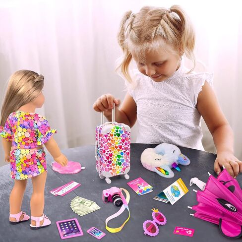 مجموعة لعب حقيبة سفر لدمية فتاة مقاس 18 بوصة من Ecore Fun 23 قطعة لدمية مقاس 18 بوصة، بما في ذلك حقيبة ملابس الدمى وحقيبة الظهر ووسادة الكاميرا ووسادة الرقبة للهاتف الخلوي ومجموعة السفر الأخرى in Kuwait