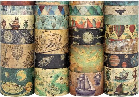 MPOPUUL 26 Rolls Vintage Washi Tape Set - Decorative Craft Tape Sailing,Navigation,Maps,Galaxies,Hot air Balloon,Adhesive Wide Tape for Journaling Supplies,Scrapbooking,Junk Journal Supplies in Kuwait