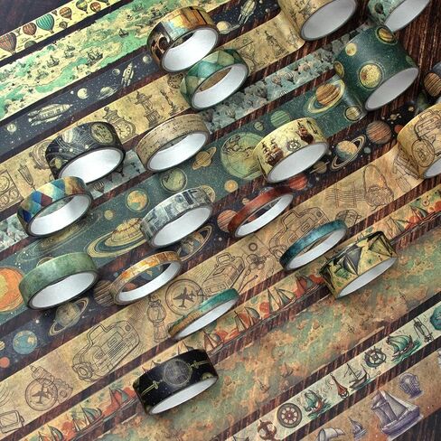MPOPUUL 26 Rolls Vintage Washi Tape Set - Decorative Craft Tape Sailing,Navigation,Maps,Galaxies,Hot air Balloon,Adhesive Wide Tape for Journaling Supplies,Scrapbooking,Junk Journal Supplies in Kuwait