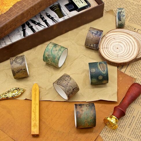 MPOPUUL 26 Rolls Vintage Washi Tape Set - Decorative Craft Tape Sailing,Navigation,Maps,Galaxies,Hot air Balloon,Adhesive Wide Tape for Journaling Supplies,Scrapbooking,Junk Journal Supplies in Kuwait