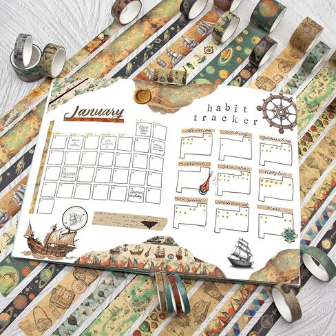 MPOPUUL 26 Rolls Vintage Washi Tape Set - Decorative Craft Tape Sailing,Navigation,Maps,Galaxies,Hot air Balloon,Adhesive Wide Tape for Journaling Supplies,Scrapbooking,Junk Journal Supplies in Kuwait