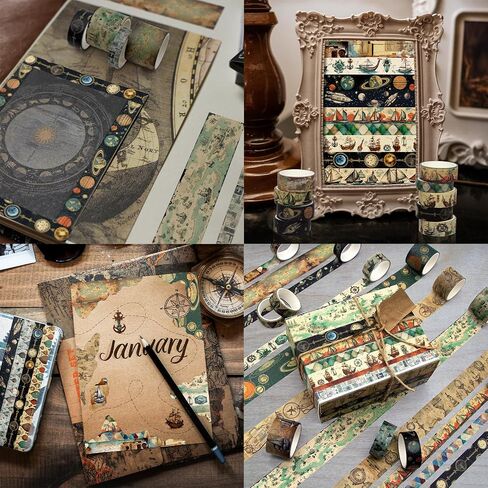 MPOPUUL 26 Rolls Vintage Washi Tape Set - Decorative Craft Tape Sailing,Navigation,Maps,Galaxies,Hot air Balloon,Adhesive Wide Tape for Journaling Supplies,Scrapbooking,Junk Journal Supplies in Kuwait
