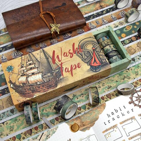 MPOPUUL 26 Rolls Vintage Washi Tape Set - Decorative Craft Tape Sailing,Navigation,Maps,Galaxies,Hot air Balloon,Adhesive Wide Tape for Journaling Supplies,Scrapbooking,Junk Journal Supplies in Kuwait