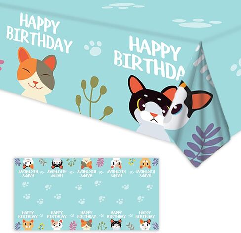 مفرش طاولة بلاستيك بتصميم عبارة Happy Birthday للقطط والحيوانات الاليفة لحفلات استقبال المولود للاولاد والبنات بلون ازرق لوازم حفلات اعياد الميلاد والنزهات والتخييم in Kuwait