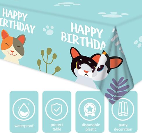 مفرش طاولة بلاستيك بتصميم عبارة Happy Birthday للقطط والحيوانات الاليفة لحفلات استقبال المولود للاولاد والبنات بلون ازرق لوازم حفلات اعياد الميلاد والنزهات والتخييم in Kuwait