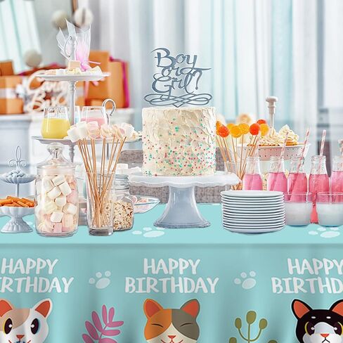 مفرش طاولة بلاستيك بتصميم عبارة Happy Birthday للقطط والحيوانات الاليفة لحفلات استقبال المولود للاولاد والبنات بلون ازرق لوازم حفلات اعياد الميلاد والنزهات والتخييم in Kuwait