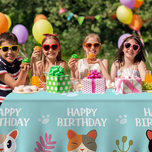 مفرش طاولة بلاستيك بتصميم عبارة Happy Birthday للقطط والحيوانات الاليفة لحفلات استقبال المولود للاولاد والبنات بلون ازرق لوازم حفلات اعياد الميلاد والنزهات والتخييم in Kuwait