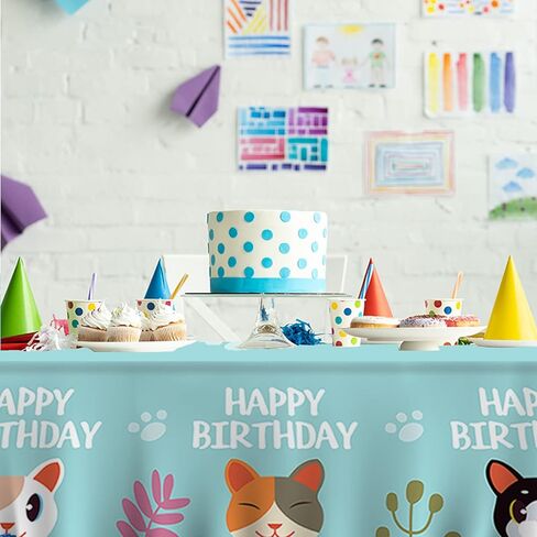 مفرش طاولة بلاستيك بتصميم عبارة Happy Birthday للقطط والحيوانات الاليفة لحفلات استقبال المولود للاولاد والبنات بلون ازرق لوازم حفلات اعياد الميلاد والنزهات والتخييم in Kuwait