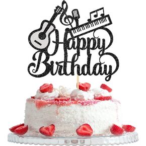 موسيقى الجيتار البيانو عيد ميلاد سعيد كعكة توبر، عاشق الموسيقى موضوع حفلة عيد ميلاد اللوازم، عيد ميلاد سعيد علامة كعكة الزينة لمشغل النوتات الموسيقية البيانو الغيتار، بريق أسود in Kuwait