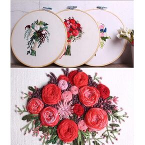 3 Sets Embroidery Starter Kit with Pattern and Instructions,Cross Stitch Beginner Kits with Frame,3 Plastic Embroidery Hoops,3 Embroidery Clothes and Color Threads (3 X Flower Pattern)