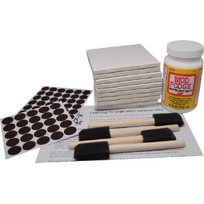 Annys Coaster Tile Kit: Set of 10 Glossy White Ceramic Tiles 4 by 4 Each, Exclusive Guide for Tile Crafts, Mod Podge, 4 Sponge Craft Brushes and Felt Pads in Kuwait