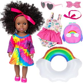 ZITA ELEMENT 14.5 بوصة دمية طفل أمريكي أفريقي أسود مع 9 قطع من إكسسوارات ملابس الدمية - فستان ملابس السباحة وحقيبة الظهر وحلقات السباحة والنظارات الشمسية وأربطة الشعر ومشبك الشعر in Kuwait