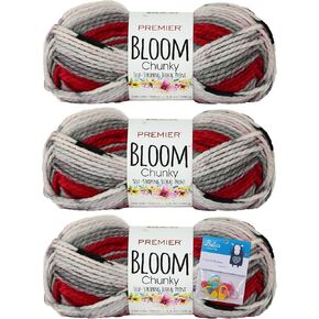 Premier Yarns Bloom Chunky - 3.5 Oz - #5 Bulky Weight - 3 Pack Bundle with Bella's Crafts Stitch Markers (Baby's Breath)